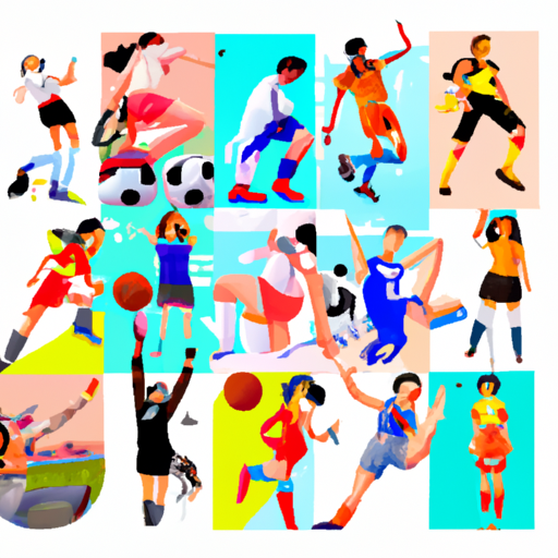 A collage of people participating in various sports, such as basketball, soccer, swimming, and running.